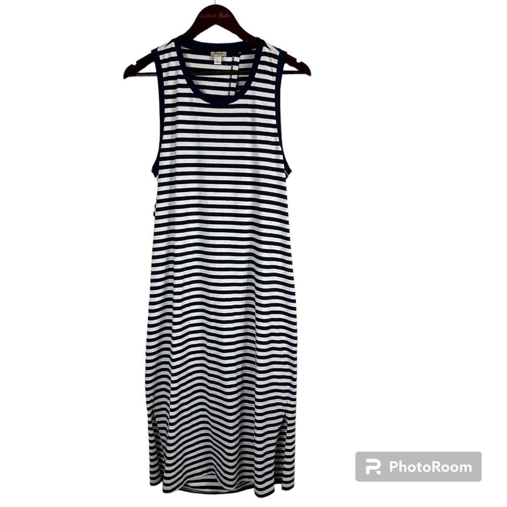New J Crew Women Sz L Navy White Striped Dress Back Tie Sleeveless Knit Midi R3